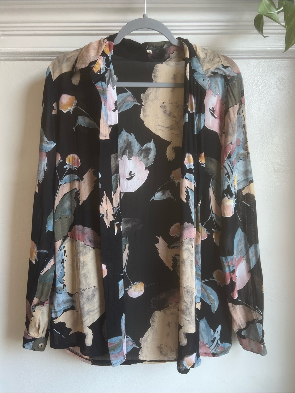 Sheer Abstract Floral Button Up Blouse Black Pink Blue Multicolor